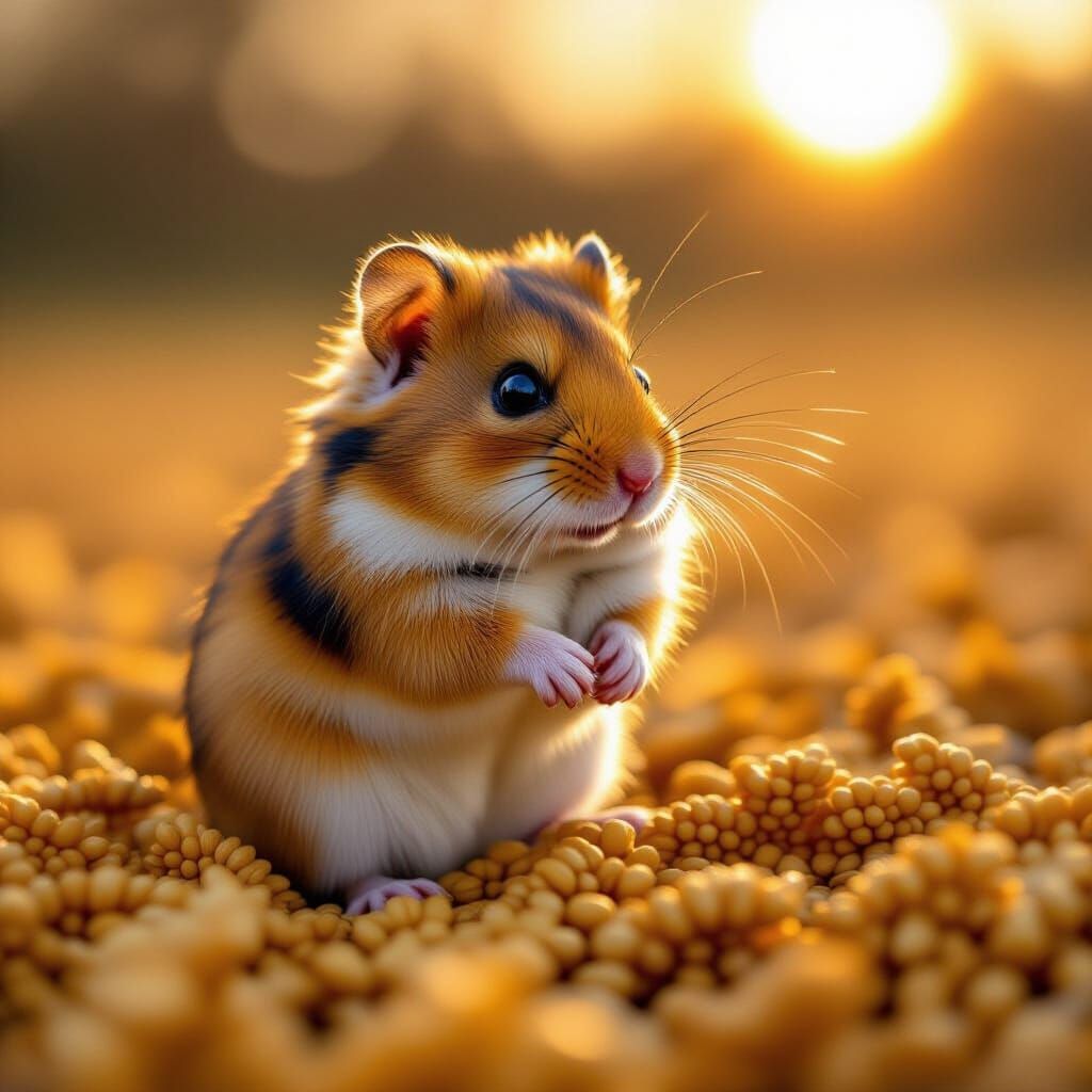 Multicolor Hamster with Full Cheeks in Golden Hour Field
