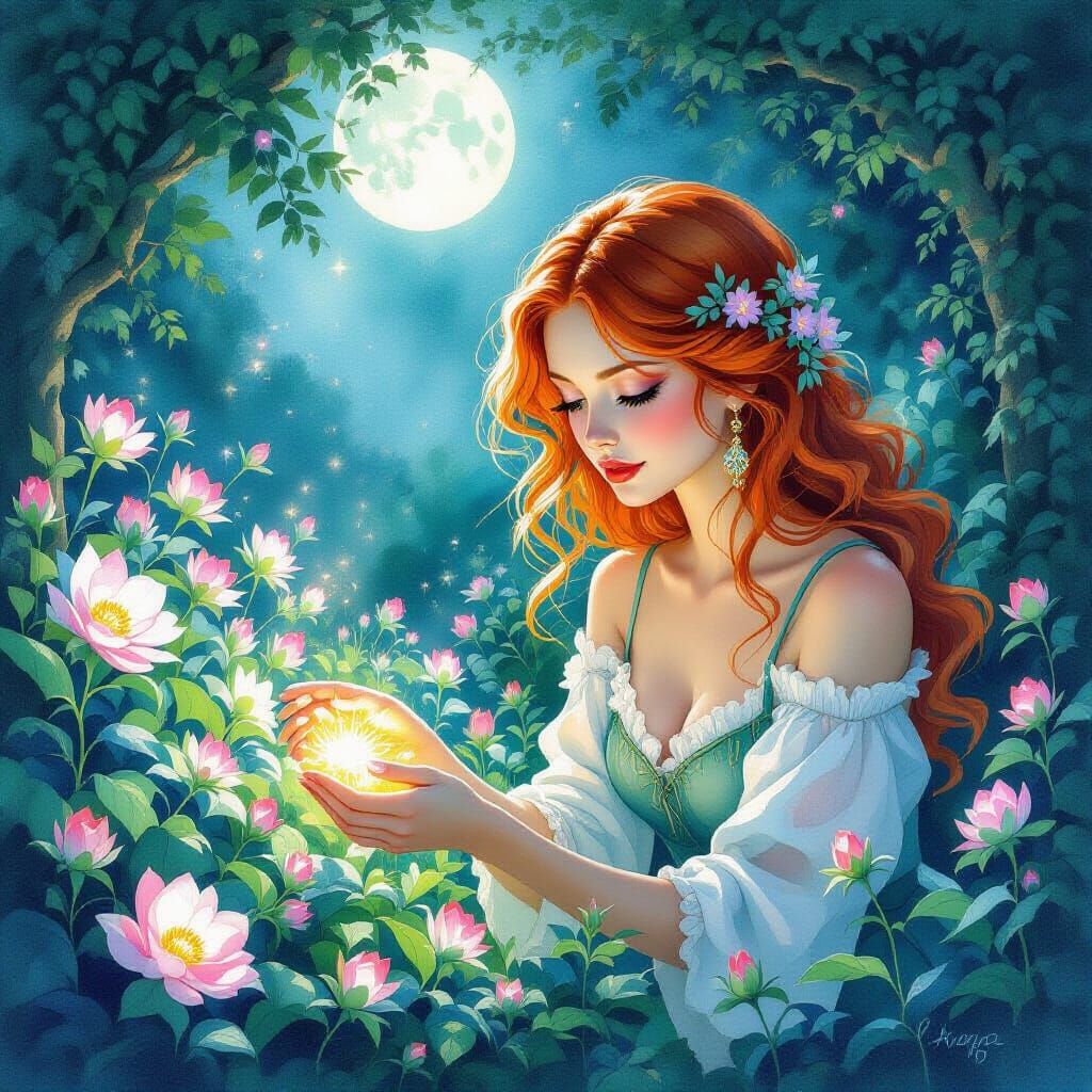 Whimsical Woman Tends Bioluminescent Garden Under Moonlight