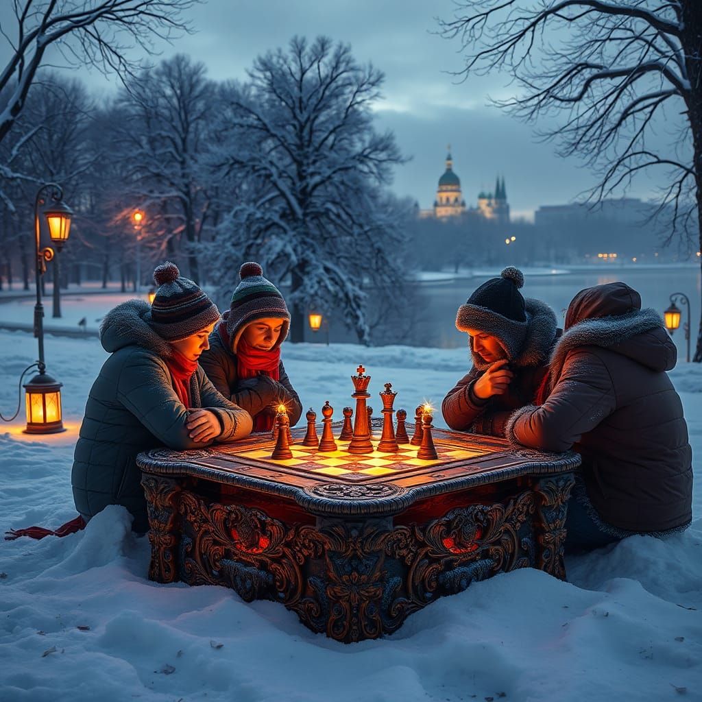 Glowing Chessboard in a Snowy Moscow Park