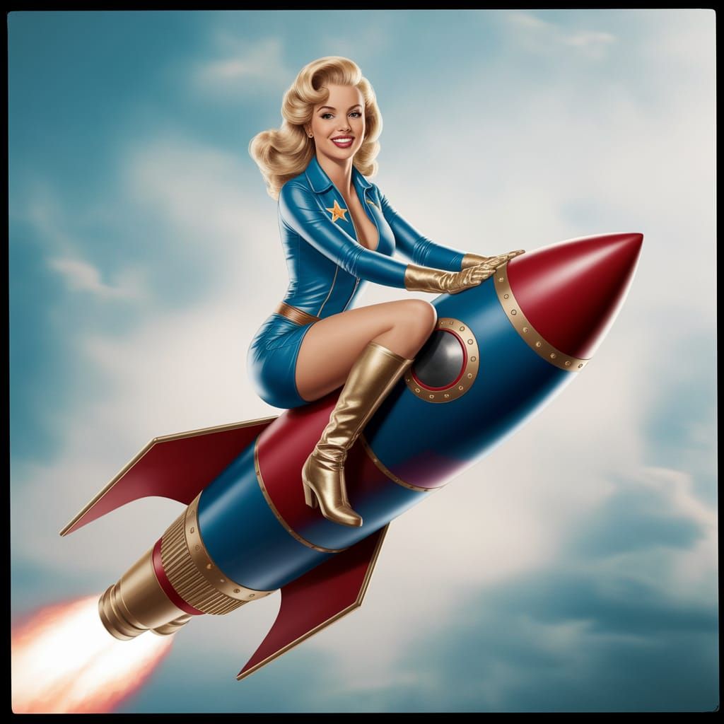 Glamorous Blonde Woman in Pin-Up Style Rocket Photo