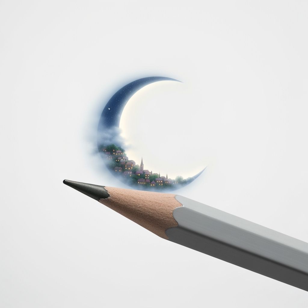 Pencil Tip Transforms into Fantasy Town Under Ethereal Moon