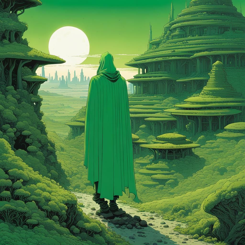 Alien Sorcerer on Desolate Planet in Moebius Style