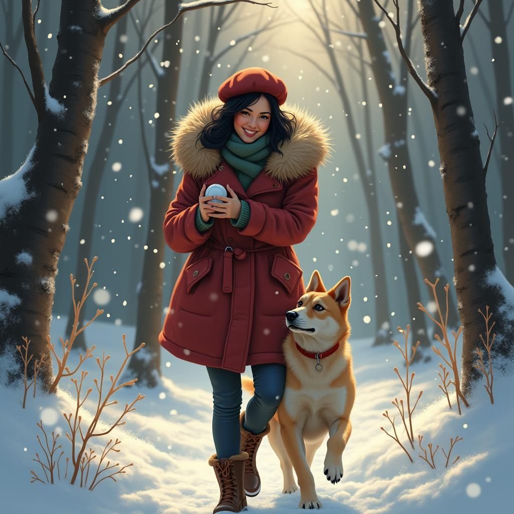 Crimson Coat in Snowy Forest: Ethereal Fantasy Art