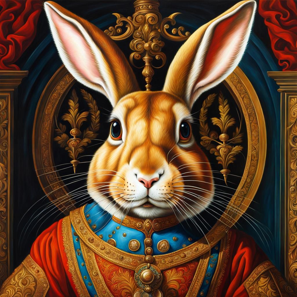 Renaissance Rabbit Illustration in Oil on Canvas