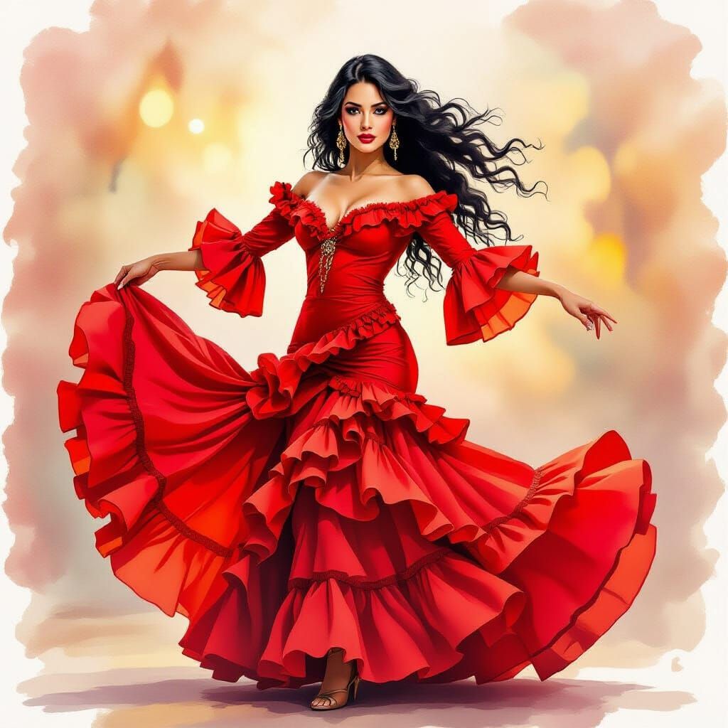Expressive Flamenco Dancer in Vibrant Red Ruffled Dress