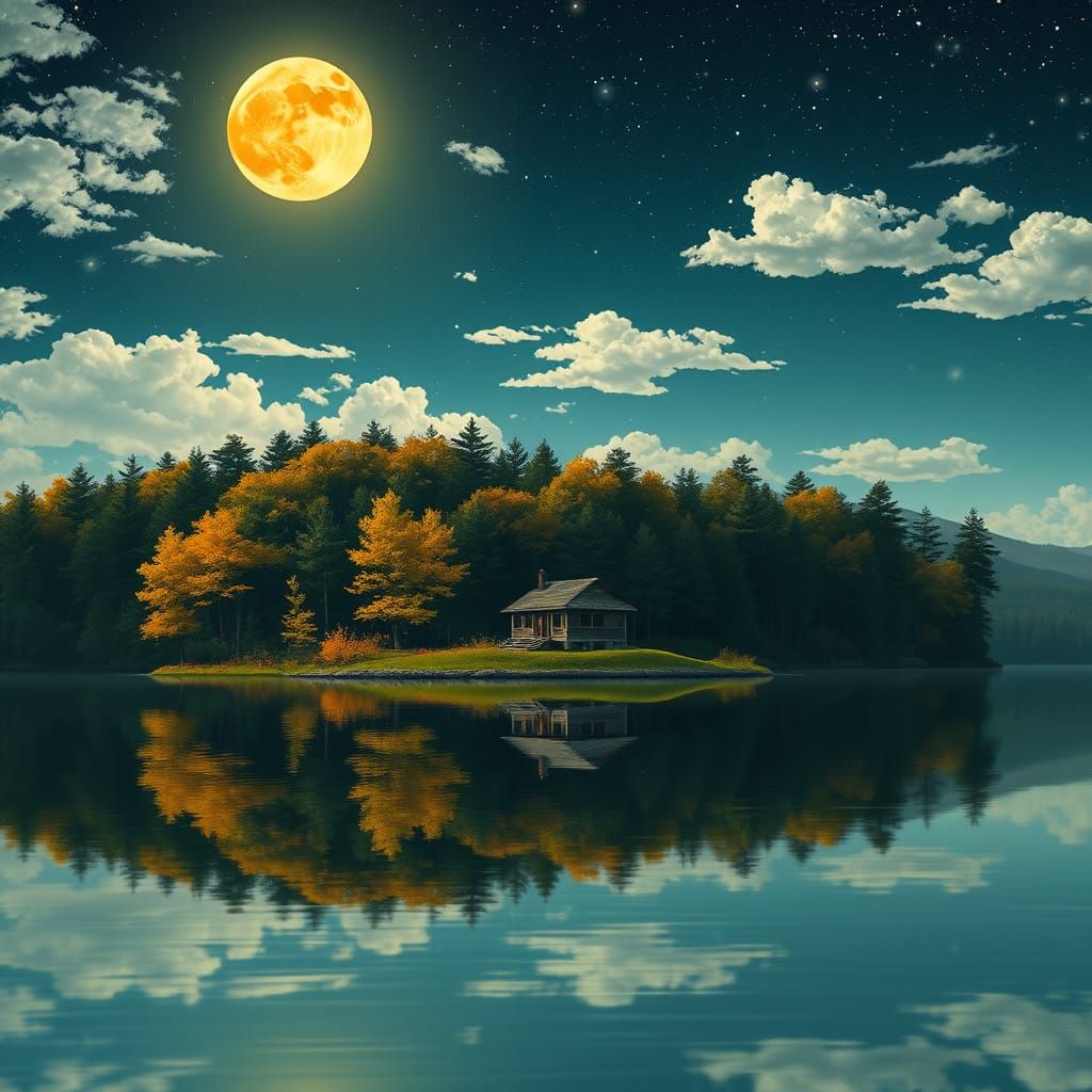 Peaceful Lake Under a Vibrant Golden Moon