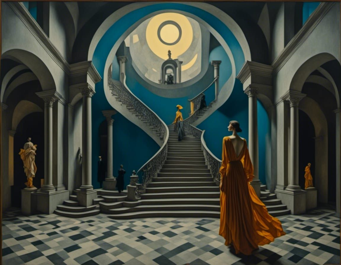 Eerie Stairway to Nowhere in Surreal Oil Painting