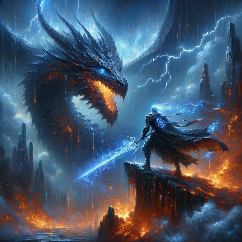 Dragon Slayer Duel on Ember Cliff as Impasto Painting