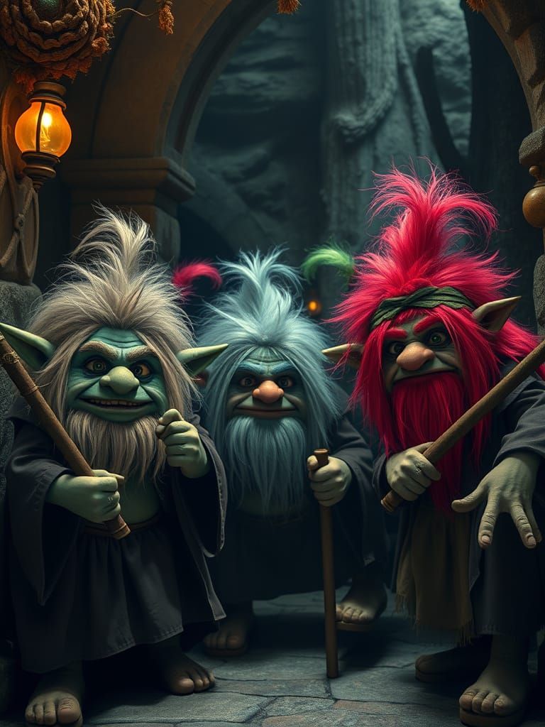 Trolls with Clubs in Bathroom Fantasy Scene