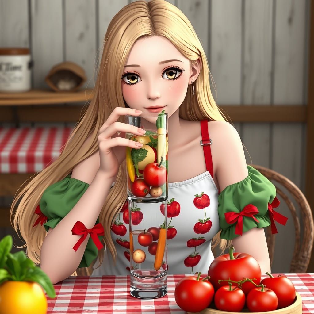 Fair Maiden Sipping Water in Vibrant Countryside