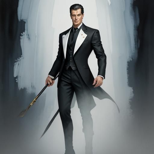 Handsome Man in Black Suit: Gouache Watercolor Painting