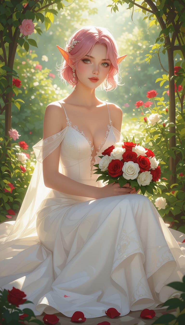 Elven Bride in Sunlit Garden: Art Nouveau Style