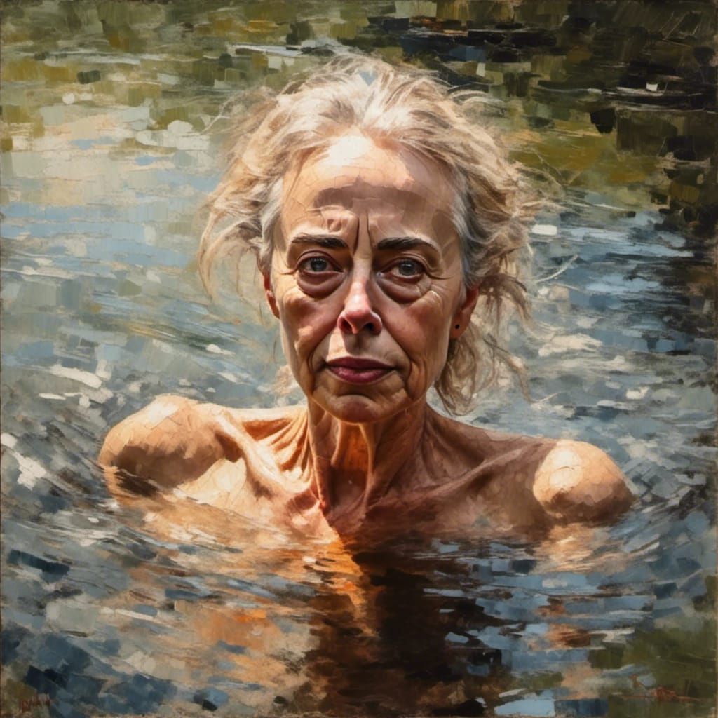 Impasto Portrait of Woman Swimming at Sunrise