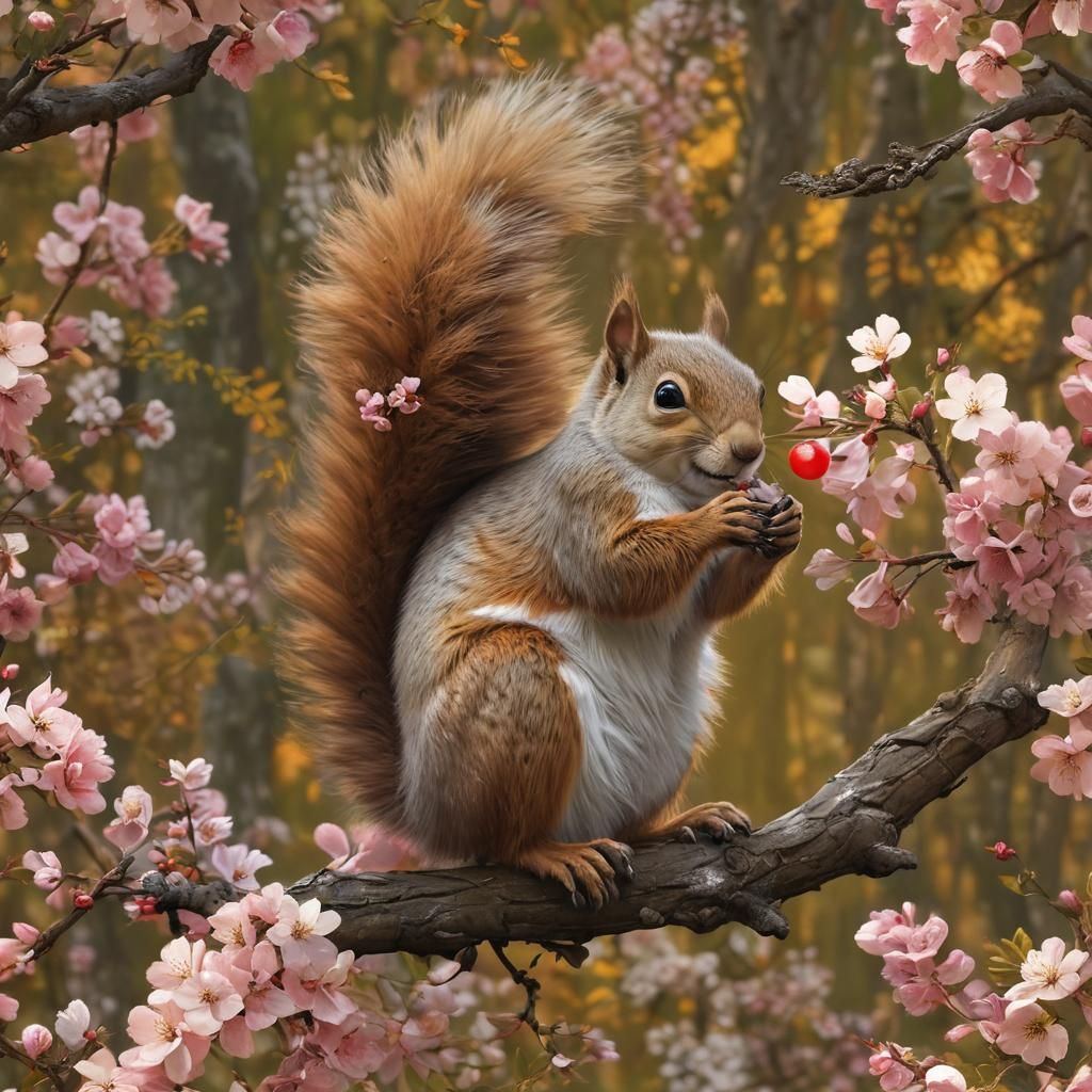 Squirrel with Cherry Blossoms in Fantasy Realism Style