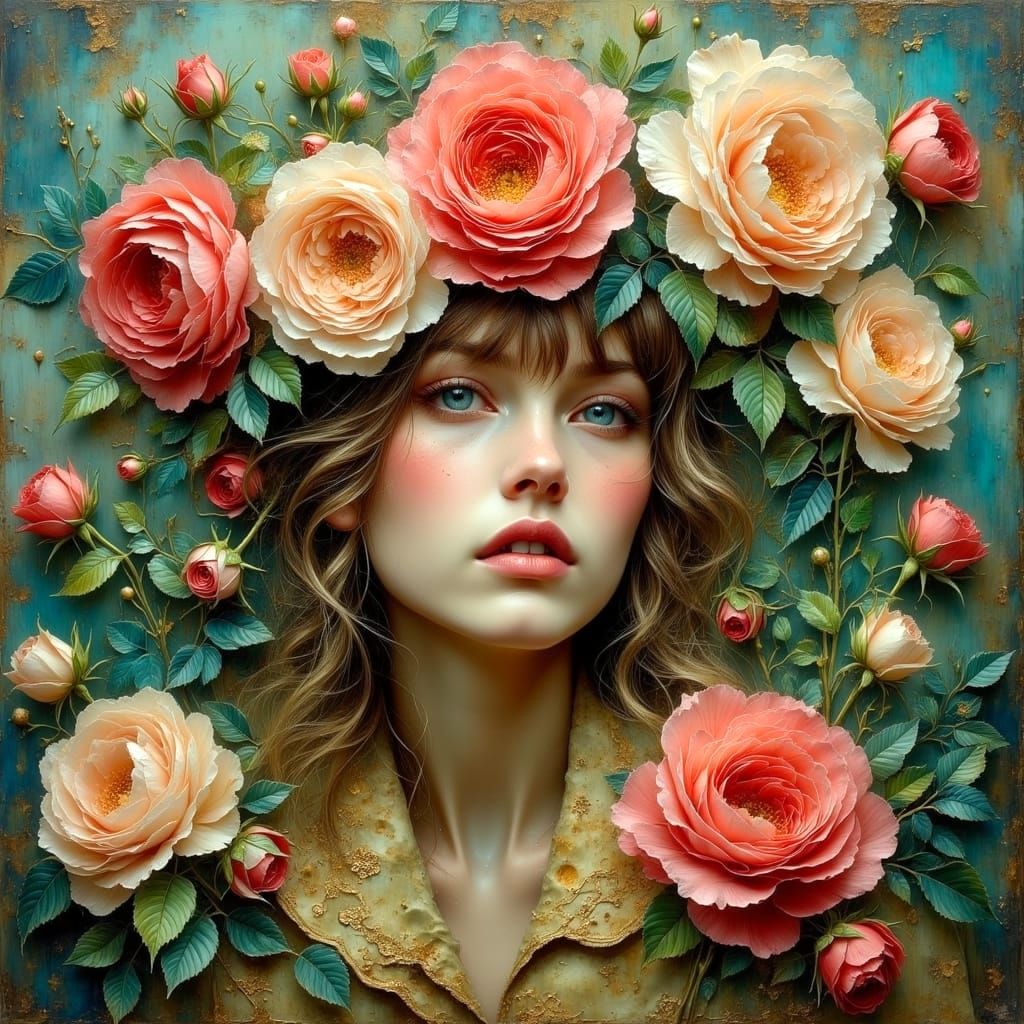 Ethereal Wild Rose Portrait in Impasto Style