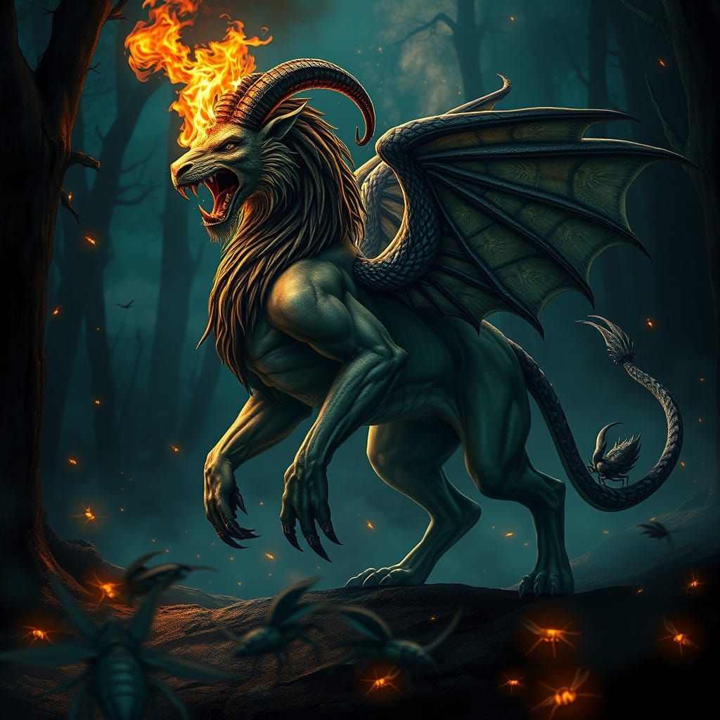 A Hyperrealistic Chimera in a Haunting Forest Grotto, Illumi...