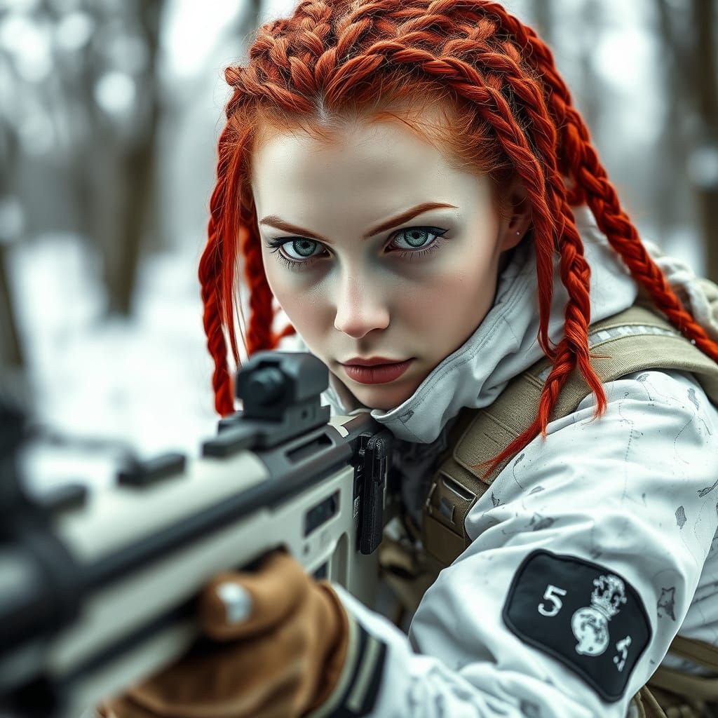 Striking Female Warrior in Winter Camouflage