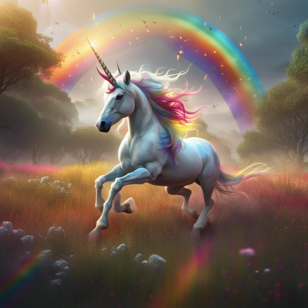 Unicorn Running Through Ancient Rainbow Field