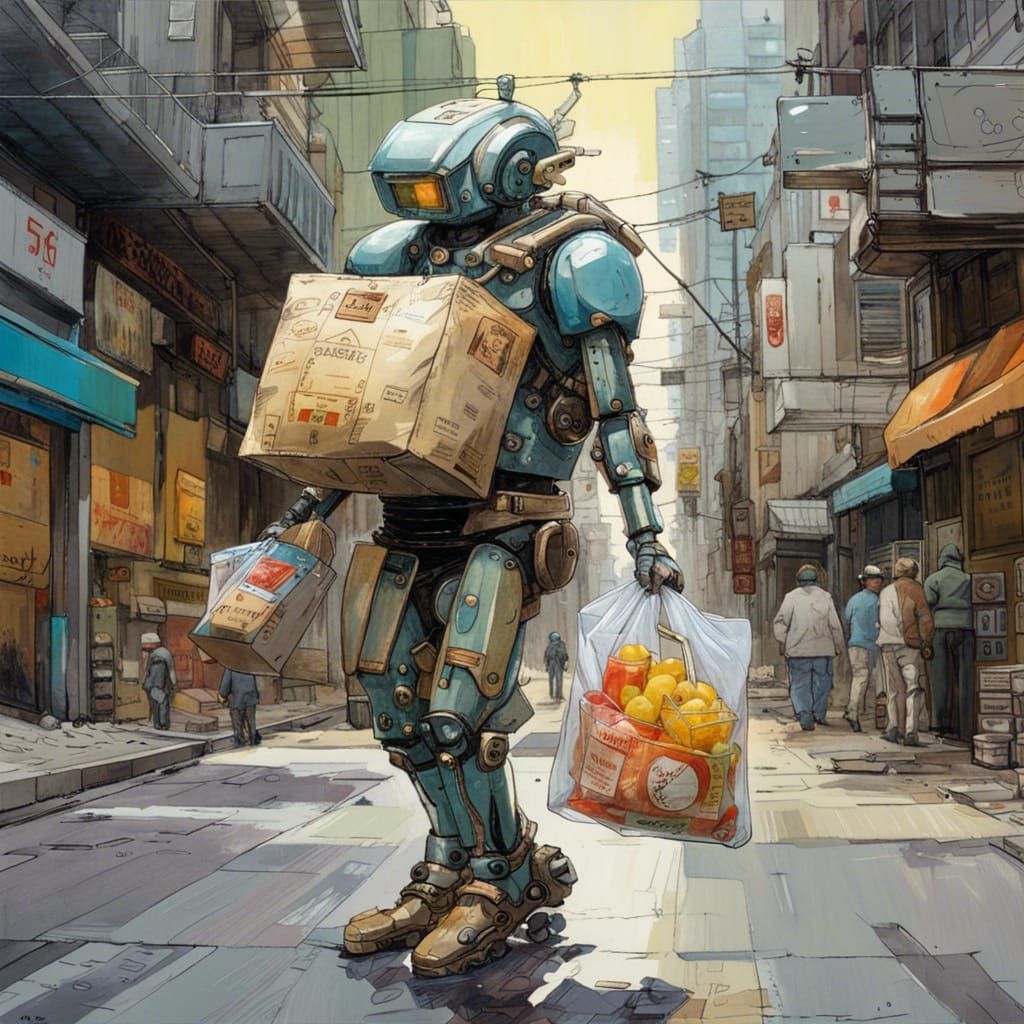 Futuristic Robot Servant on Urban Street