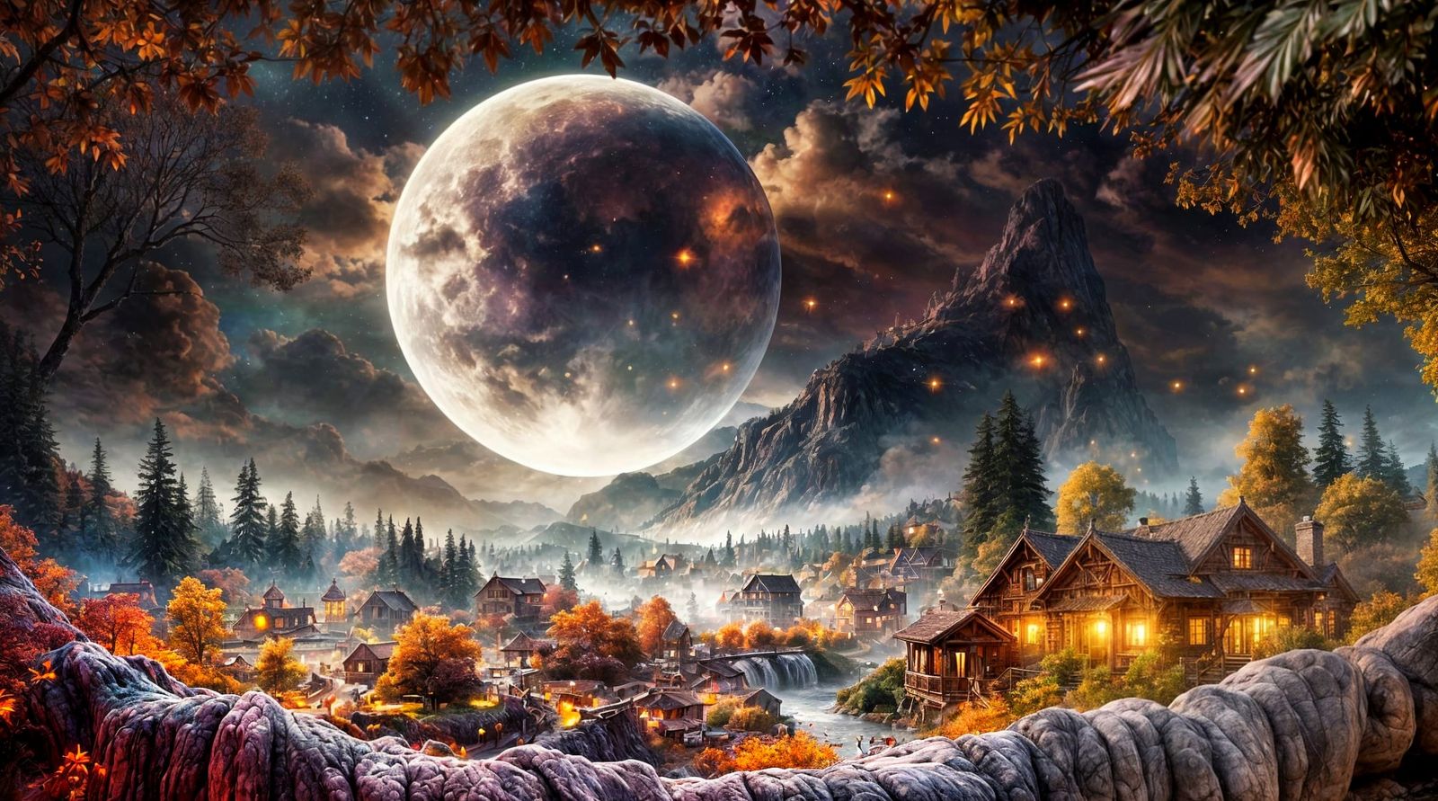 Fantasy Town Under Cosmic Sky in Sfumato Style