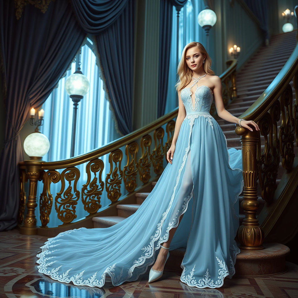 Ethereal Woman in Blue Gown on Grand Staircase
