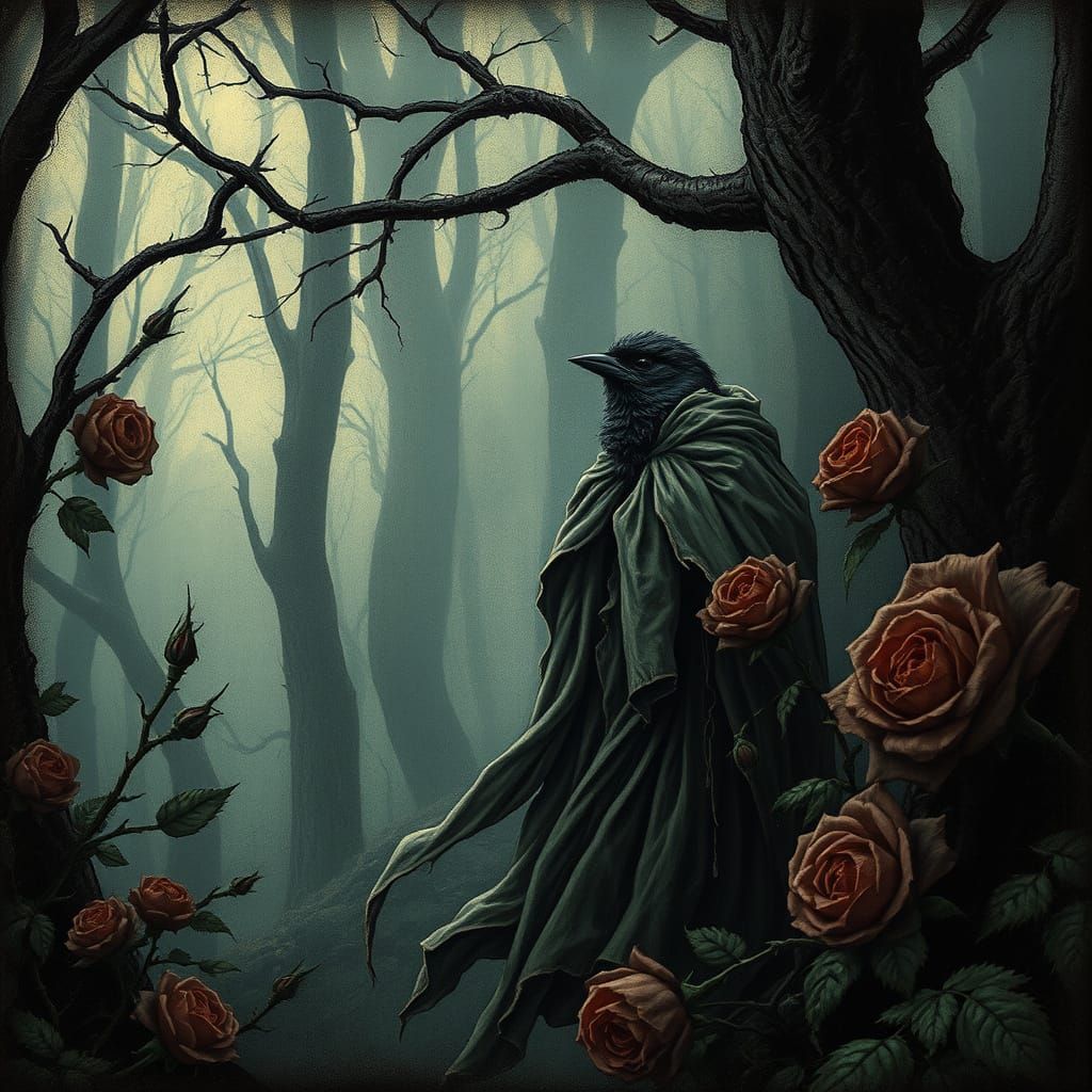 Mournful Nightingale in Mystical Forest, Gustave Doré Style