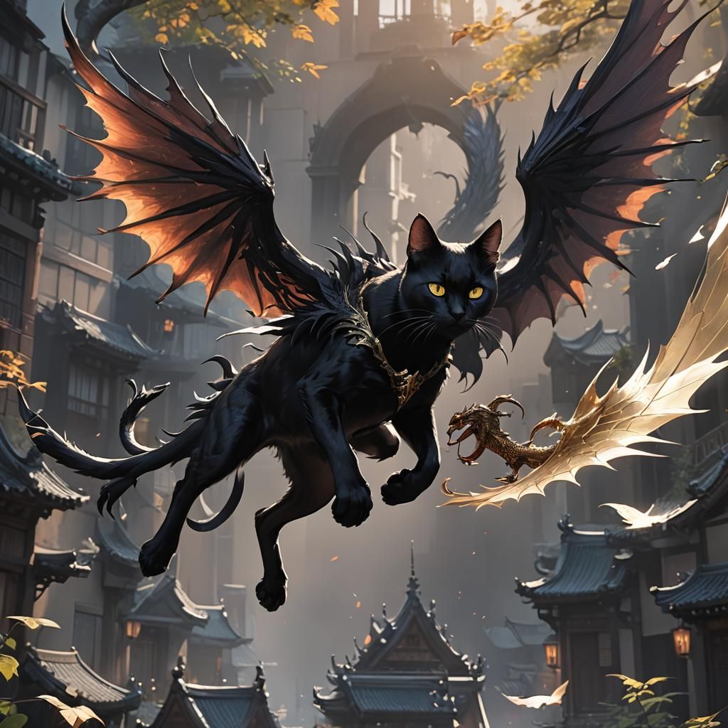 Black Cat with Dragon Wings in Anime Style