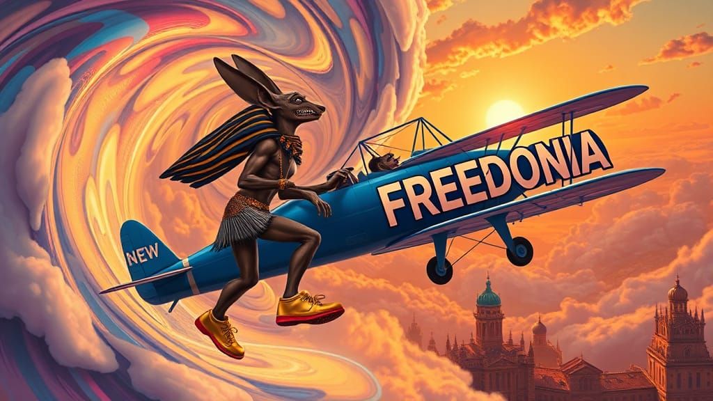 Anubis and Groucho Marx in Surreal Biplane Flight