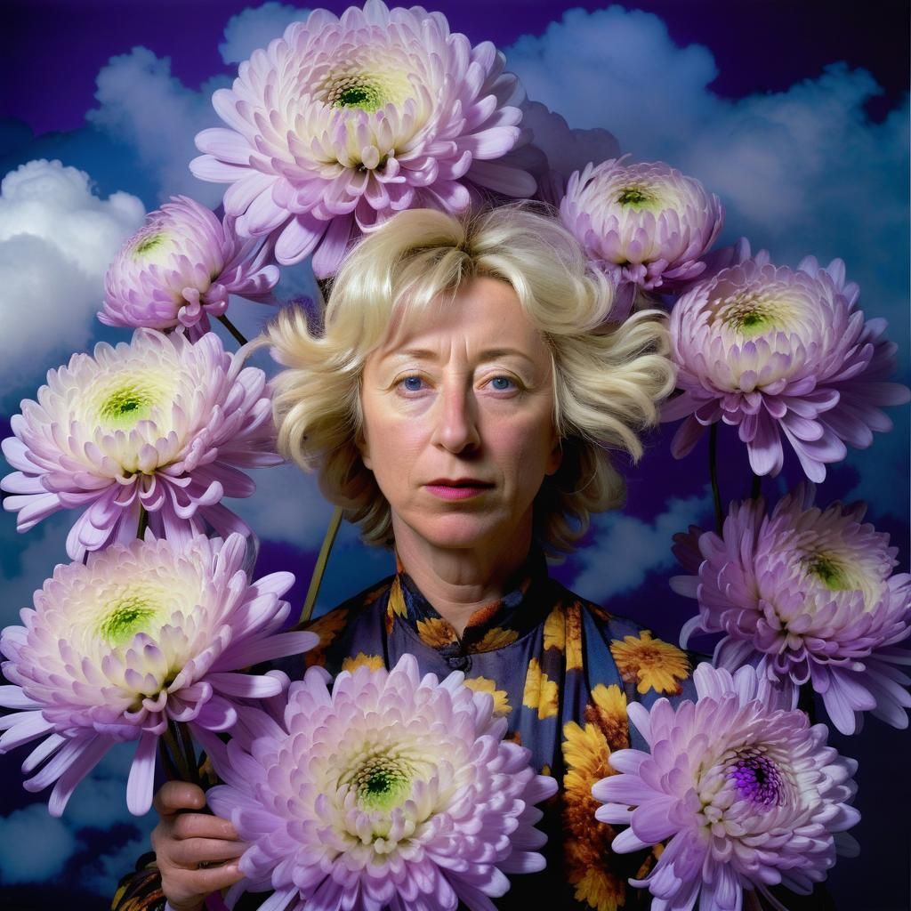 Ethereal Self-Portrait with Clouds and Chrysanthemums