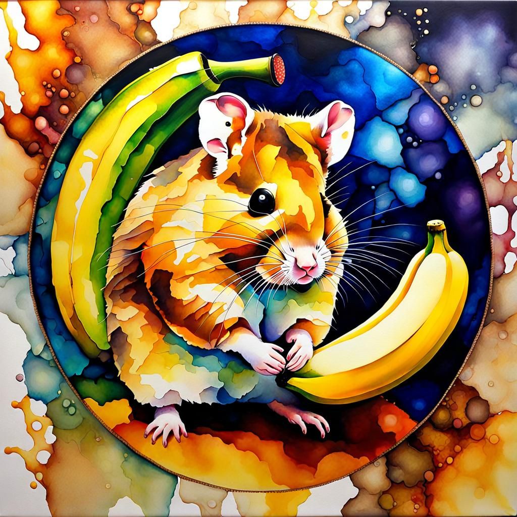 Hamster Investigates Banana in Alcohol Ink Style