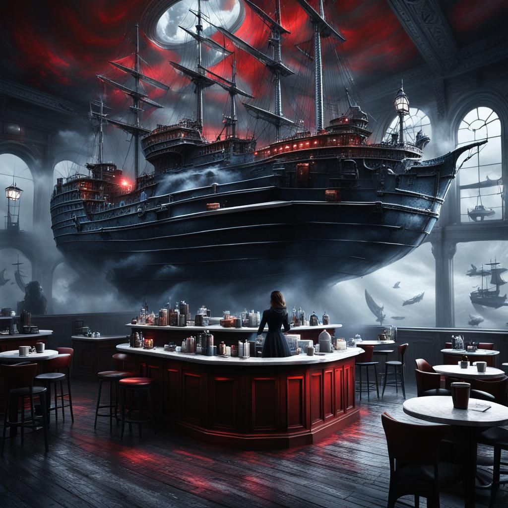 Surreal Coffee Shop with Whales and Exploding Suns