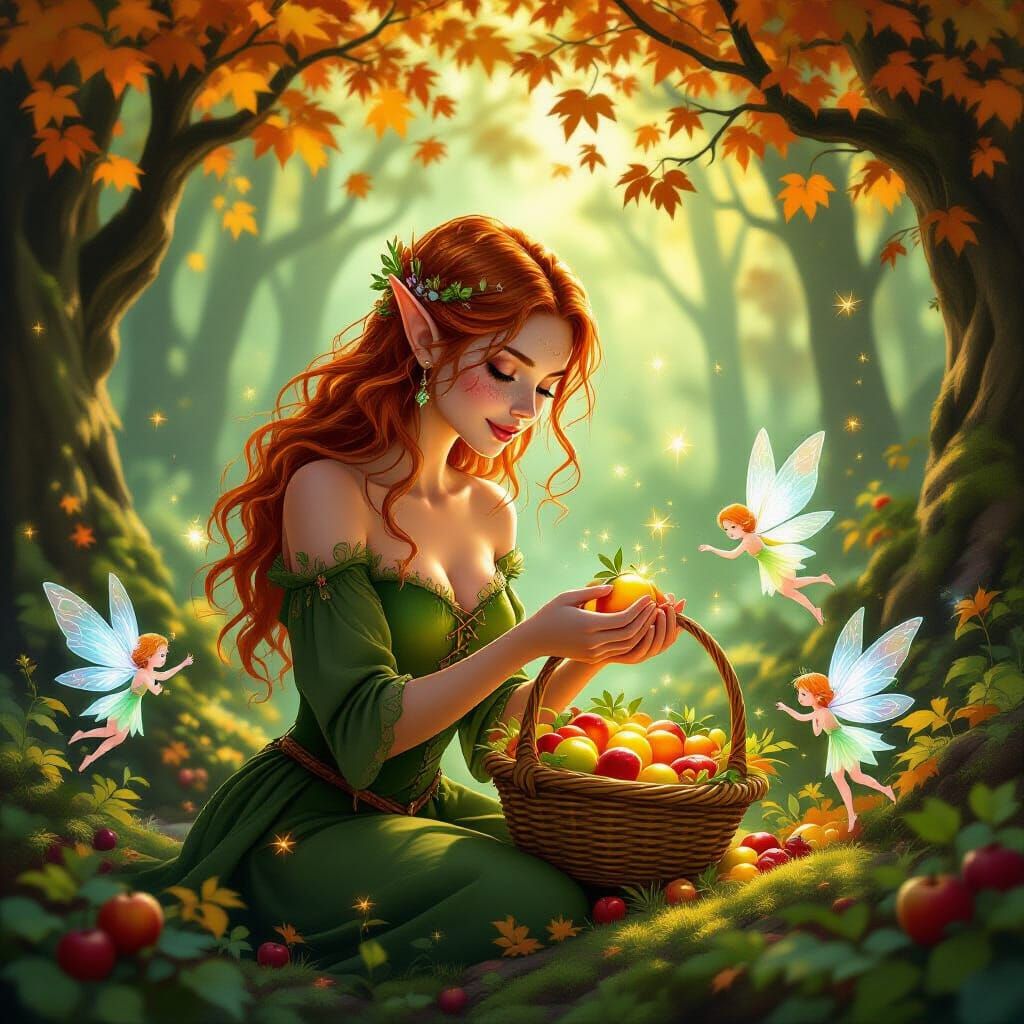 Elf Woman Gathers Glowing Harvest in Golden Autumn Forest
