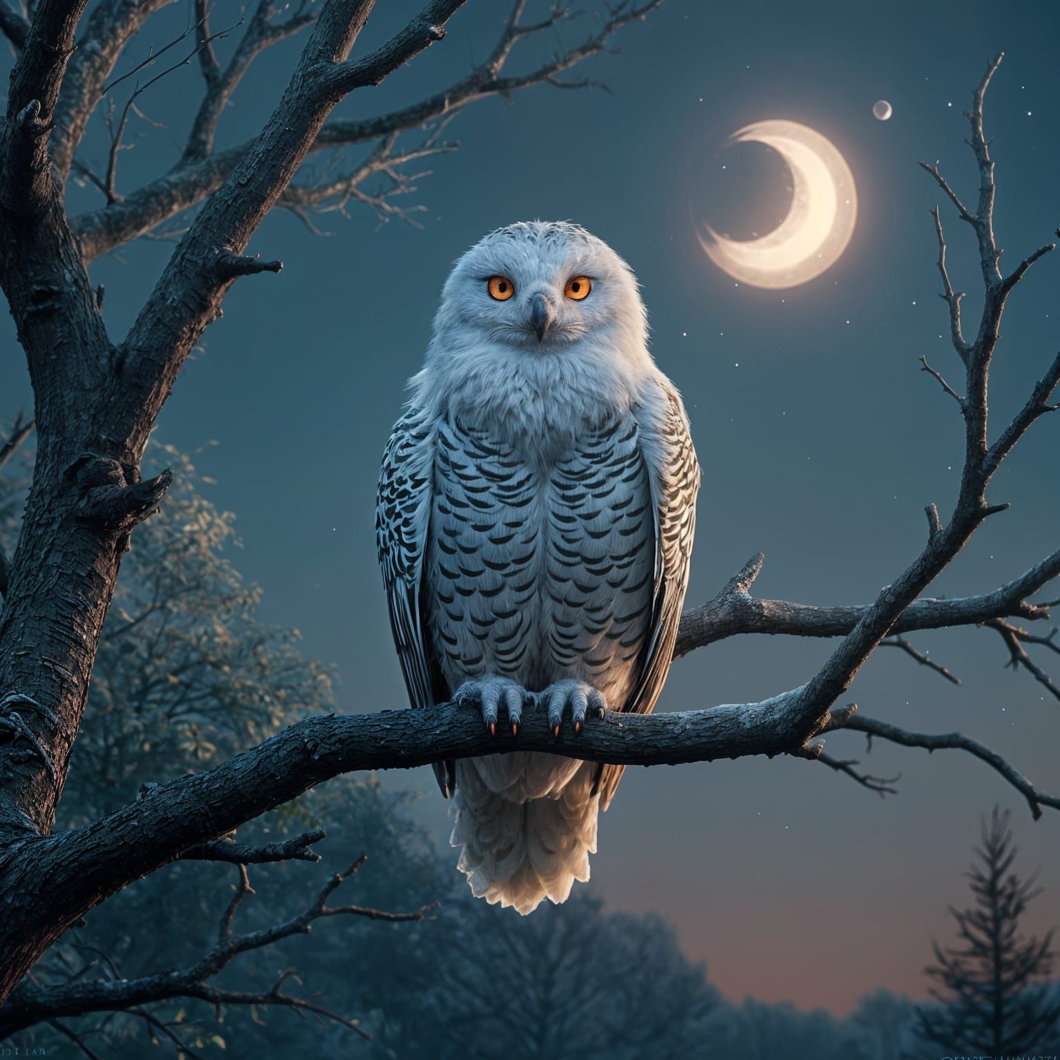 Snowy Owl at Dusk Under Crescent Moon