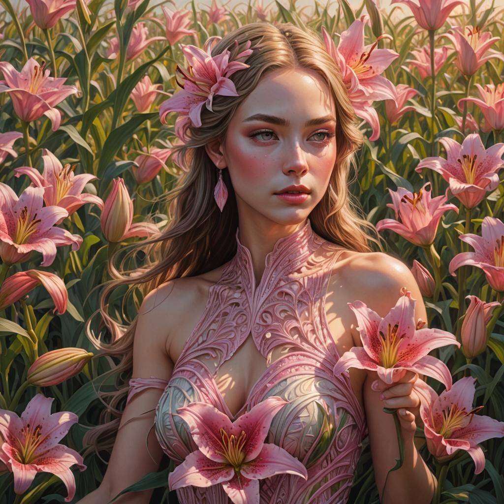 Pink Lily Maiden in Cornfield with Demon Lord