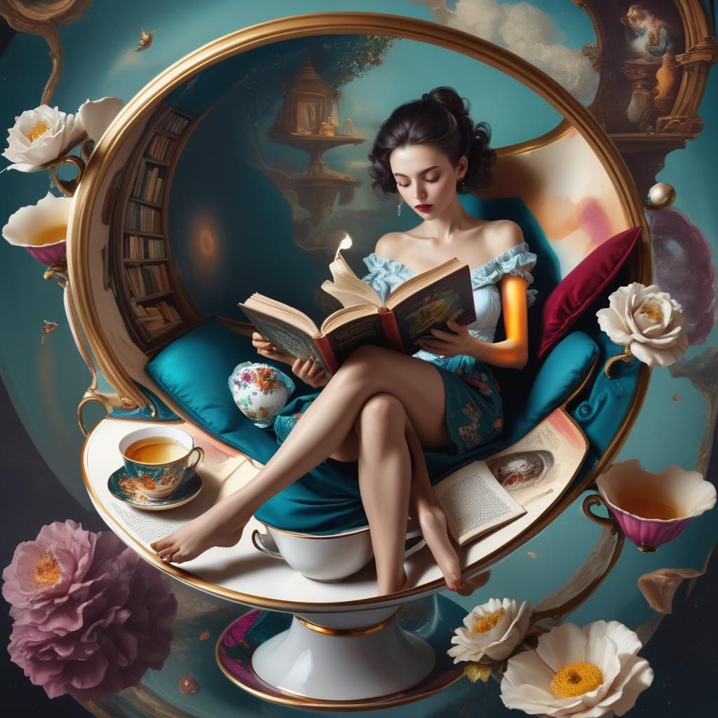 Woman Lounging in Teacup: Surreal Hyperrealistic Art