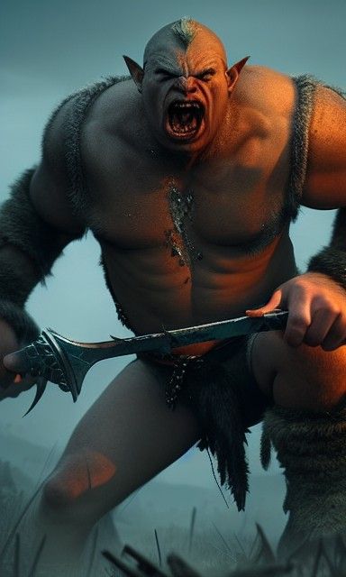 Furious Half-Orc Barbarian Queen in Battle, Photorealistic