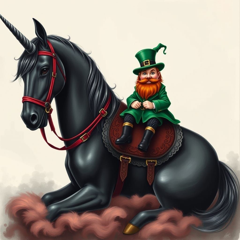 Whimsical Unicorn Portrait with Leprechaun Rider in Charcoal...