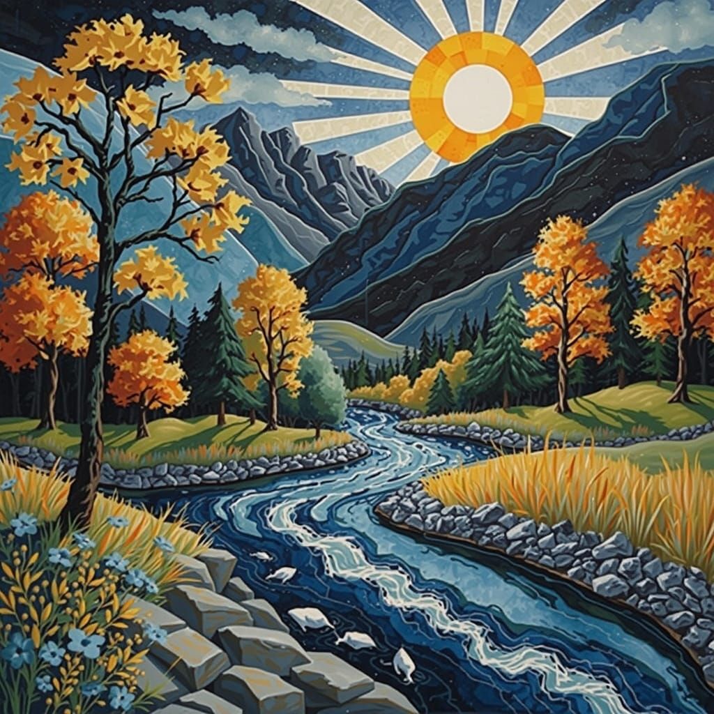 Vibrant Collage of River and Mountains in a Dark Blue Evenin...