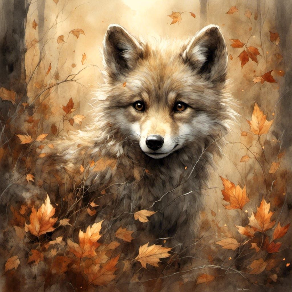 Cute Fluffy Wolf Cub with Big Eyes in Autumn