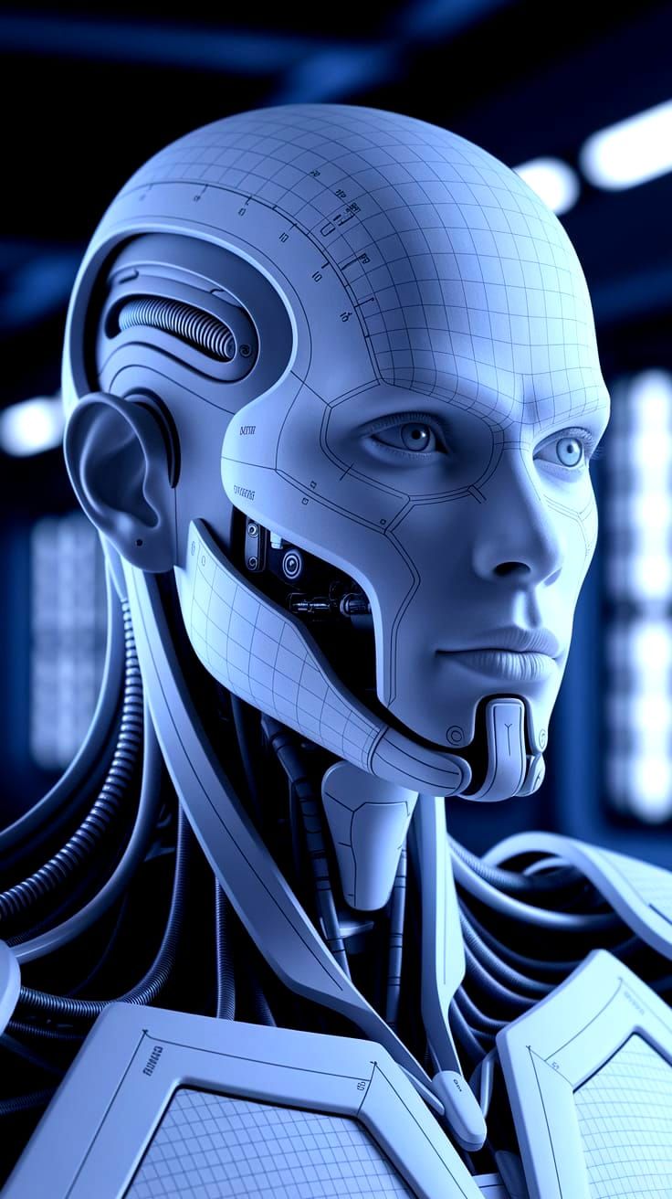 Futuristic Cyborg Head Blueprint in Ultra-HD 64K
