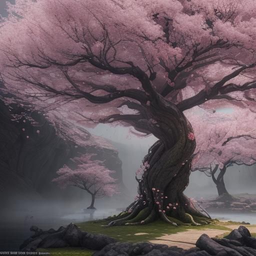 Yggdrasil Cherry Blossom Tree in Detailed Matte Painting