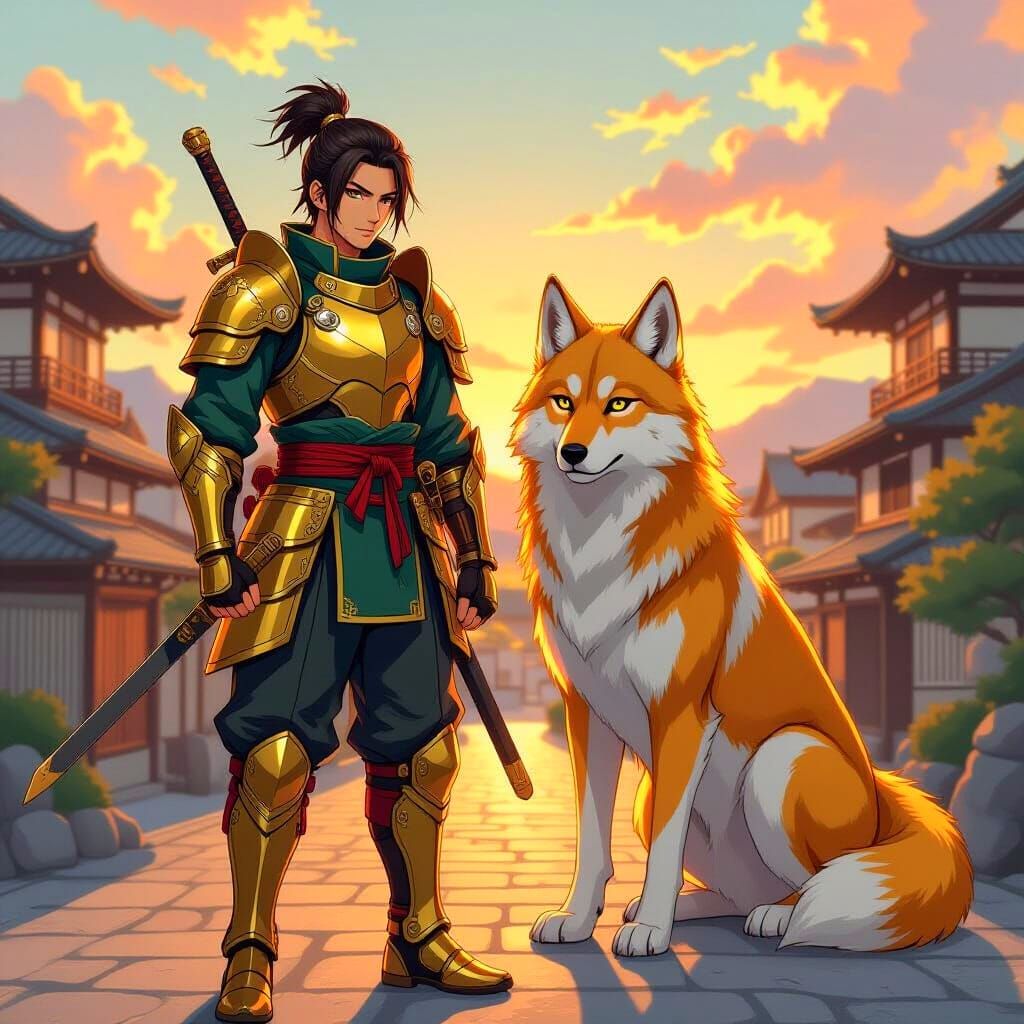 Golden Anime Ninja with Wolf Companion
