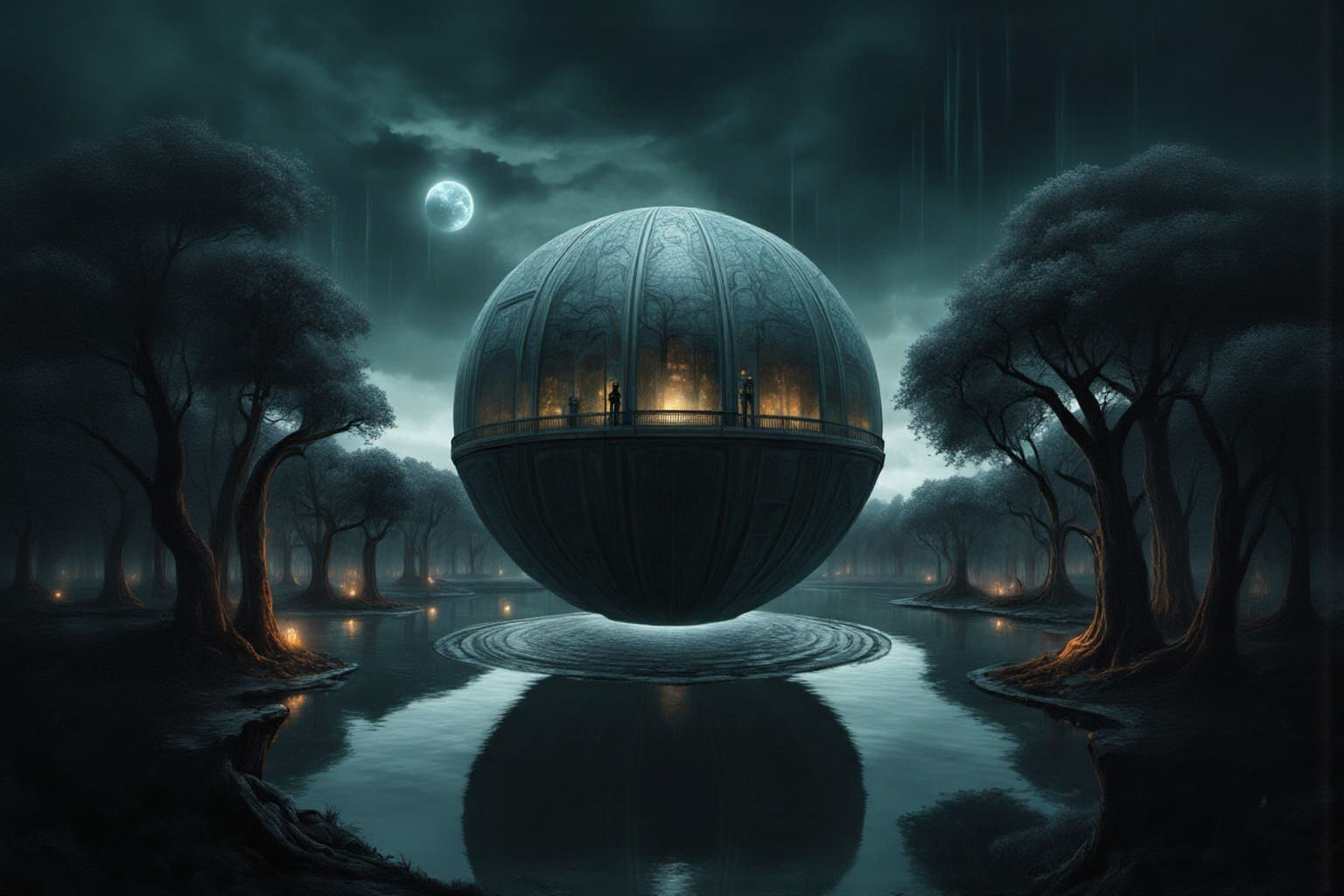 A giant metallic paneled orb sits in the middle of a circula...