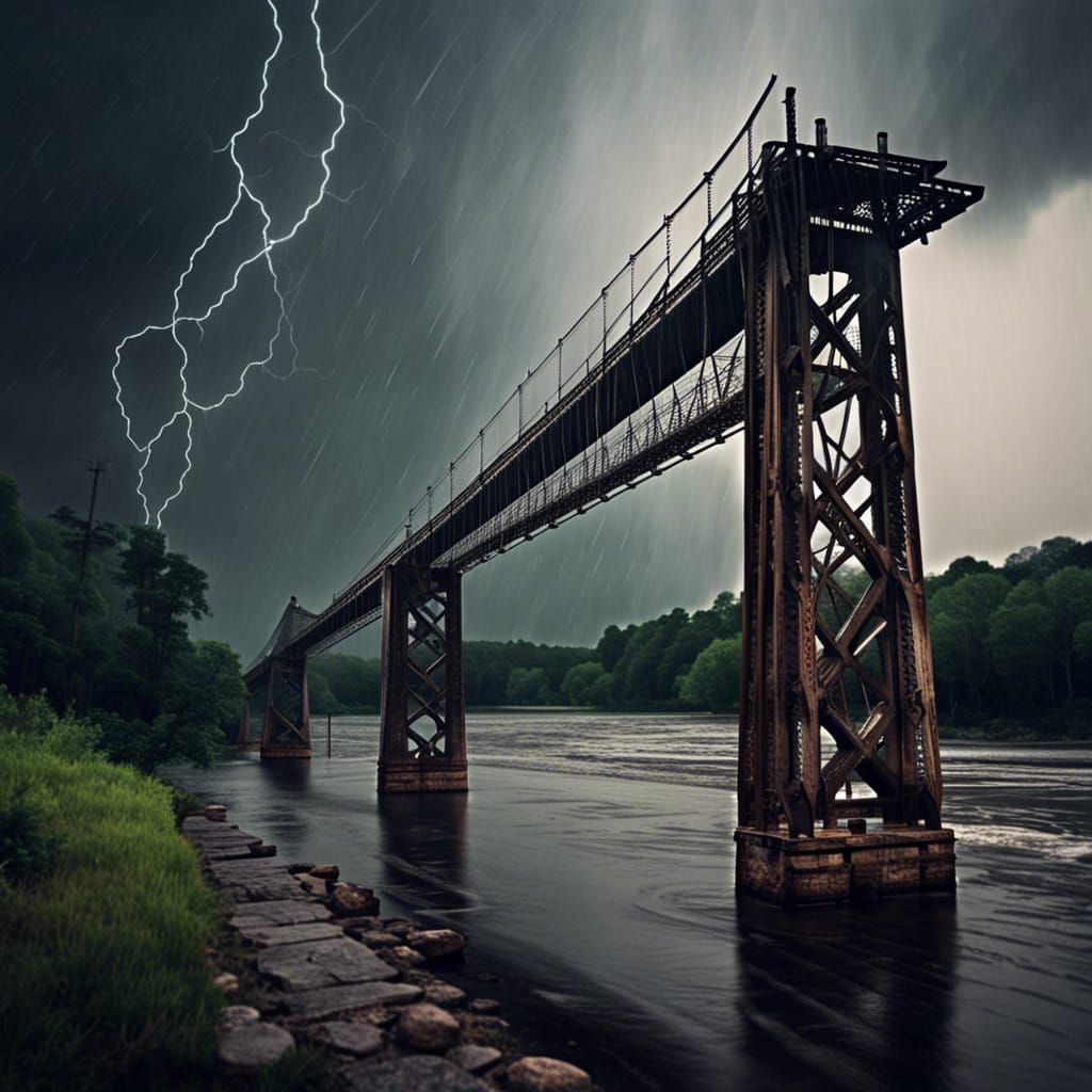 Dramatic Abandoned Bridge in Lightning Storm