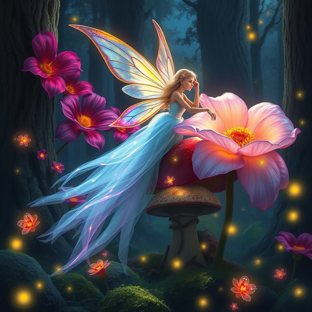 Luminous Fairy on Mushroom in Enchanted Twilight Forest