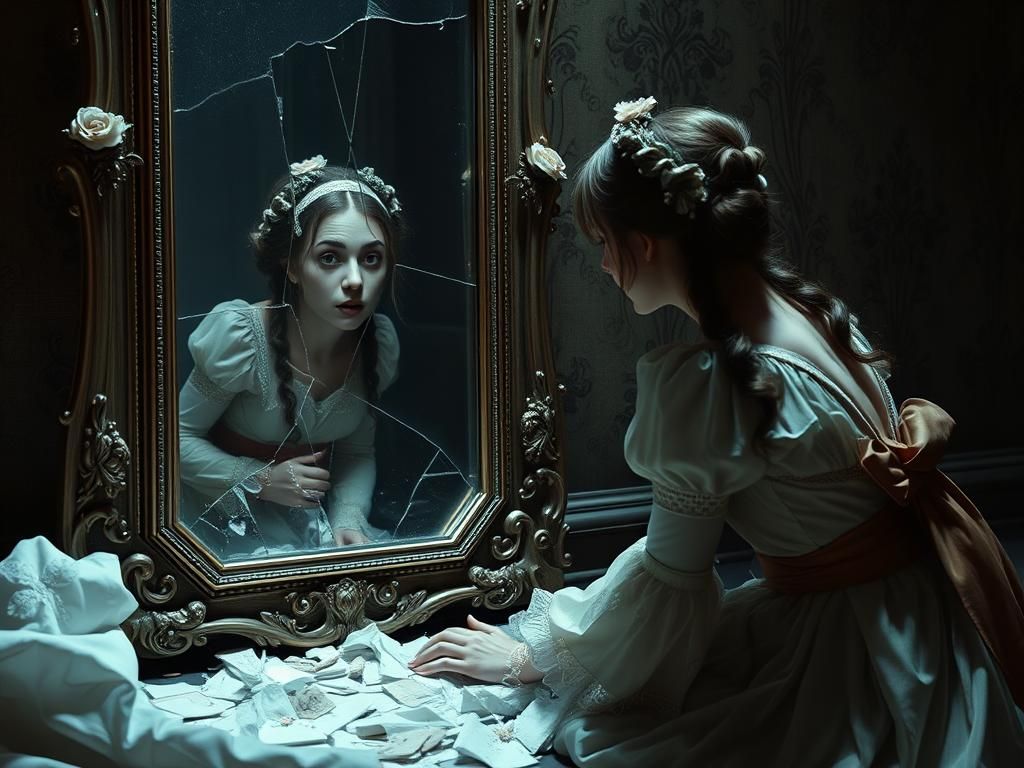 Victorian Woman's Fearful Reflection: Hyperrealistic Digital...