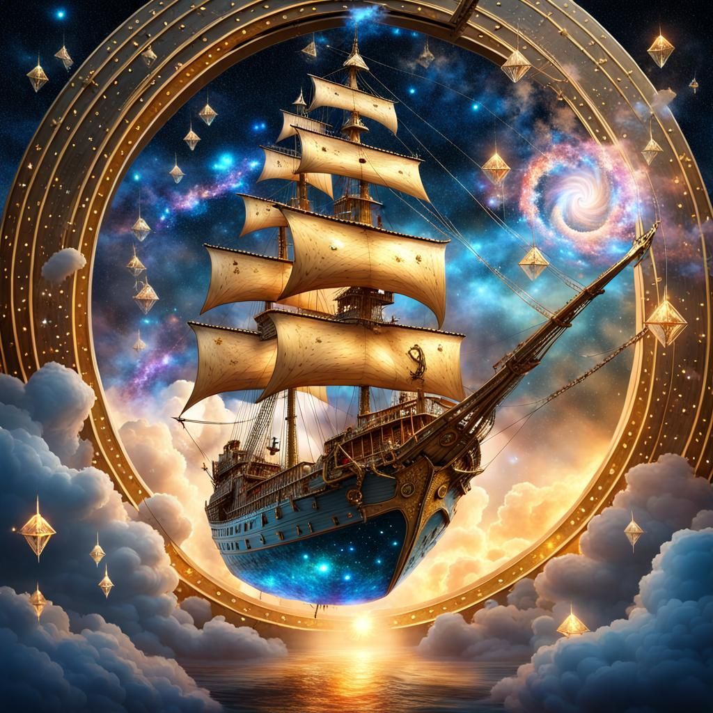 Fantasy Pirate Ship Descending from Starry Portal