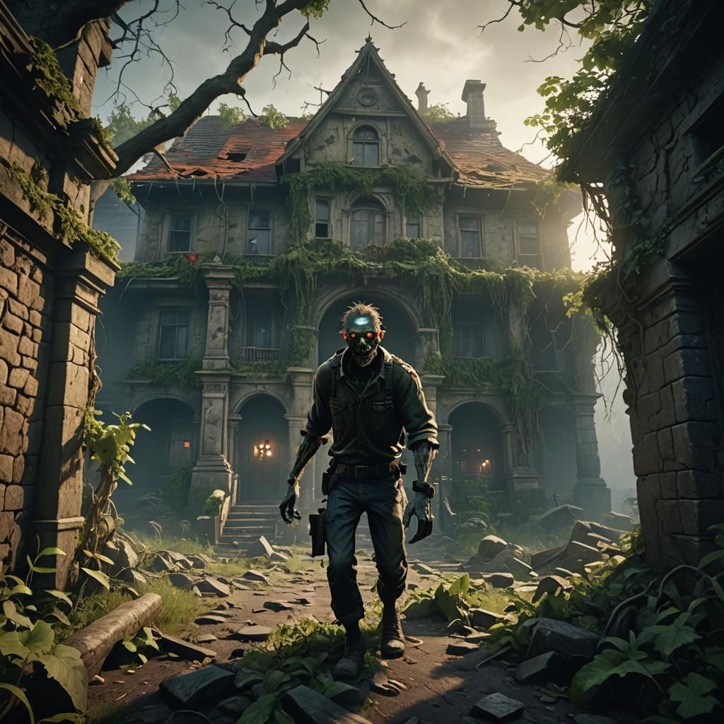 Zombie Emerges from Haunted House in 3D Cinematic Style