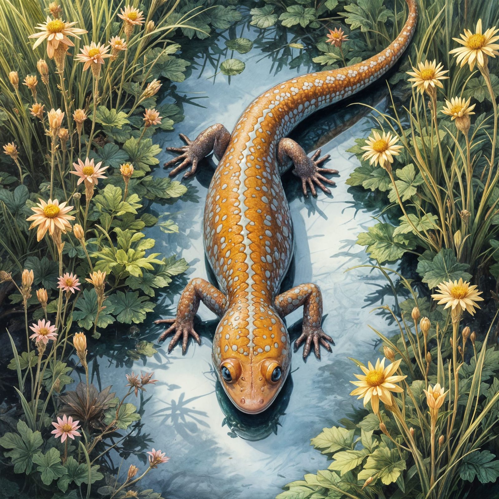 Whimsical Morning Salamander in a Marshland