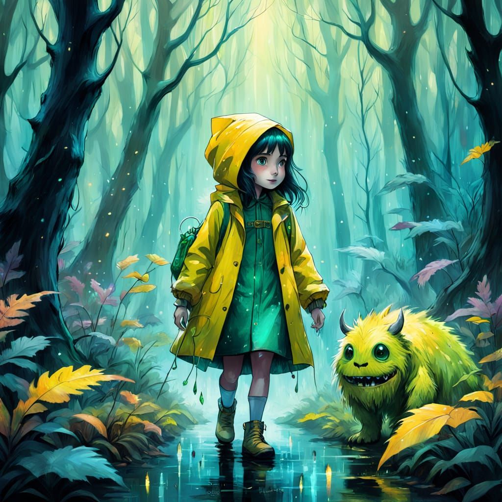 Whimsical Fantasy Art of a Brave Girl and Her Fluffy Monster...